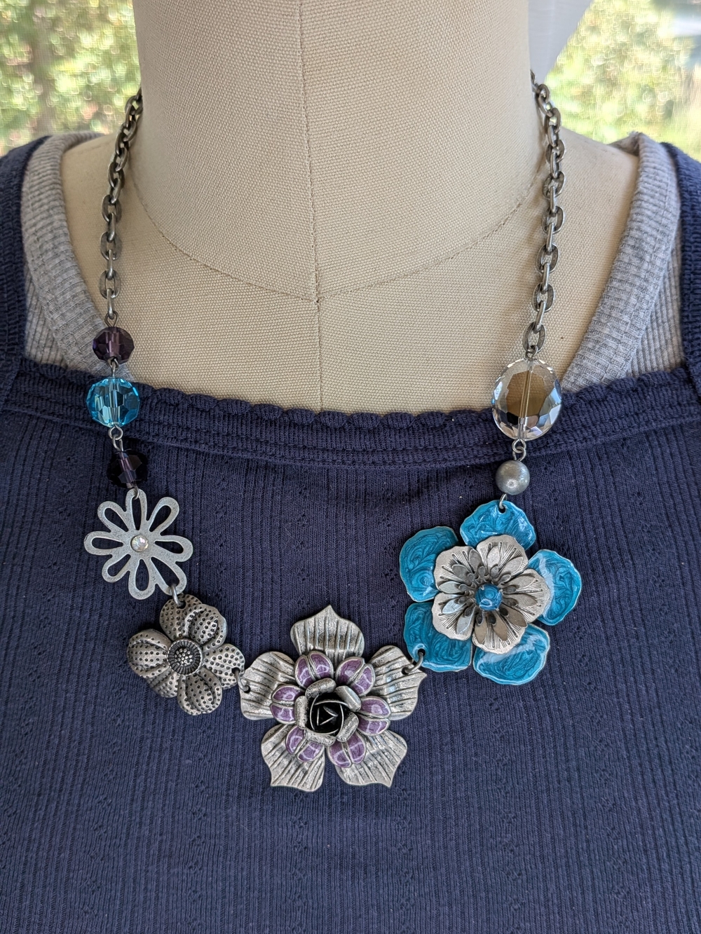 Antiqued Silver Tone Stamped Metal Floral Enamel Statement Necklace Crystal